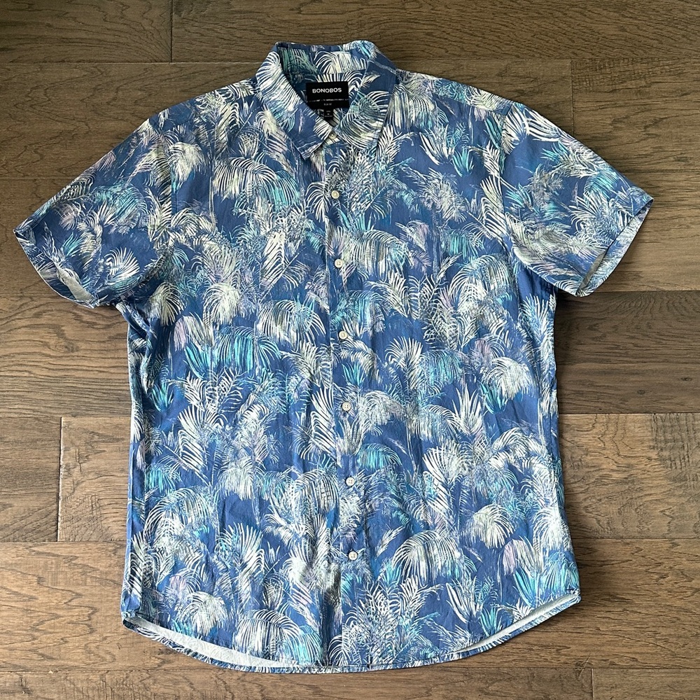 Bonobos-XL-Long-slim fit-Blue & White Leaf Print Men's short sleeve button down